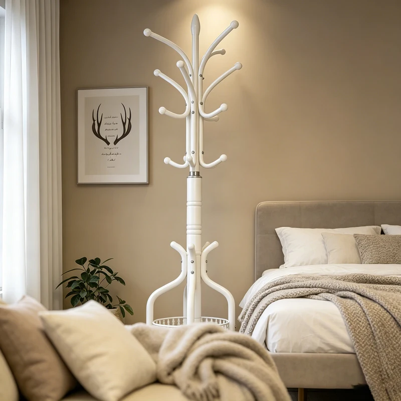 モダンな大理石調アイアンアートフロアスタンドコートラック、家庭用寝室リビング用大型衣類・バッグ収納、シンプルb853726