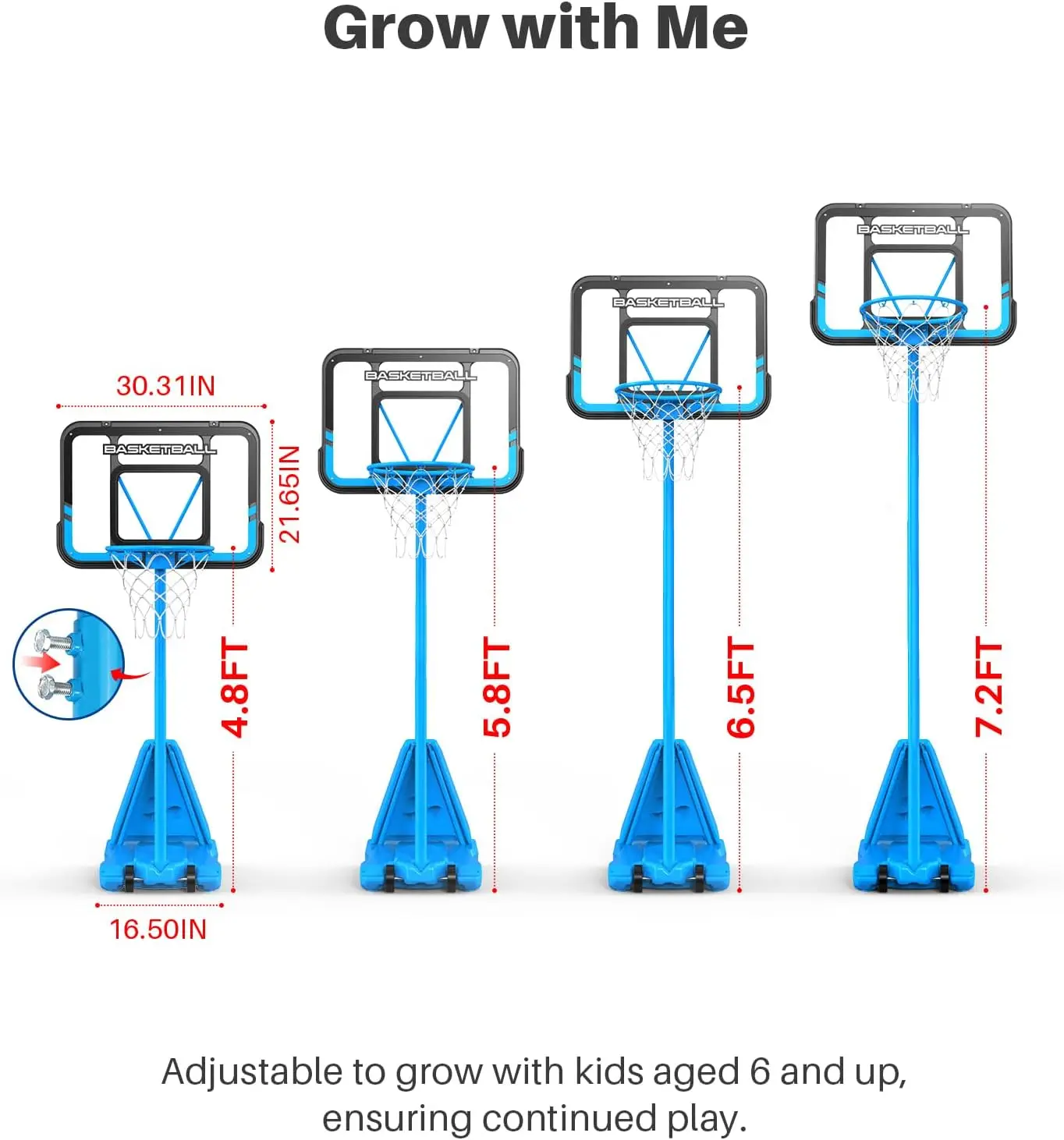 調節可能な屋外バスケットボールフープ、裏庭用ポータブルバックボード、私道、プール、屋内、30インチ、飛散防止、4.8-7.2フィート