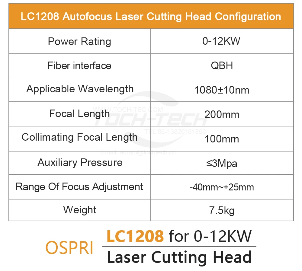 Kepala pemotong fokus otomatis 0-12kW QBH OSPRI LC1208 kepala pemotong serat Laser untuk pemotongan Laser