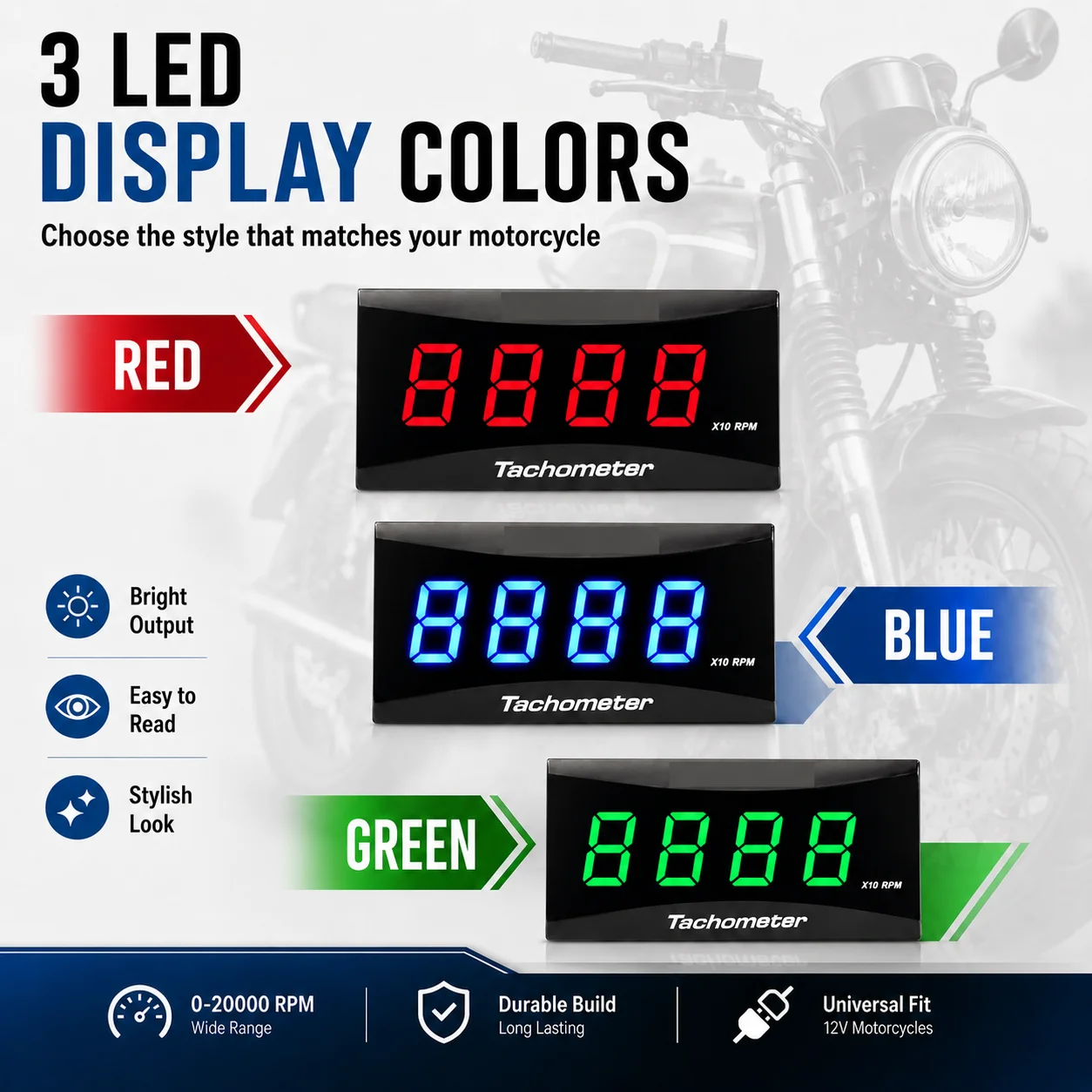 Motorcycle Mini Digital Tachometer 0-20000RPM Universal LED RPM Gauge Meter Red Blue Green Display Motorcycle Accessories view 2