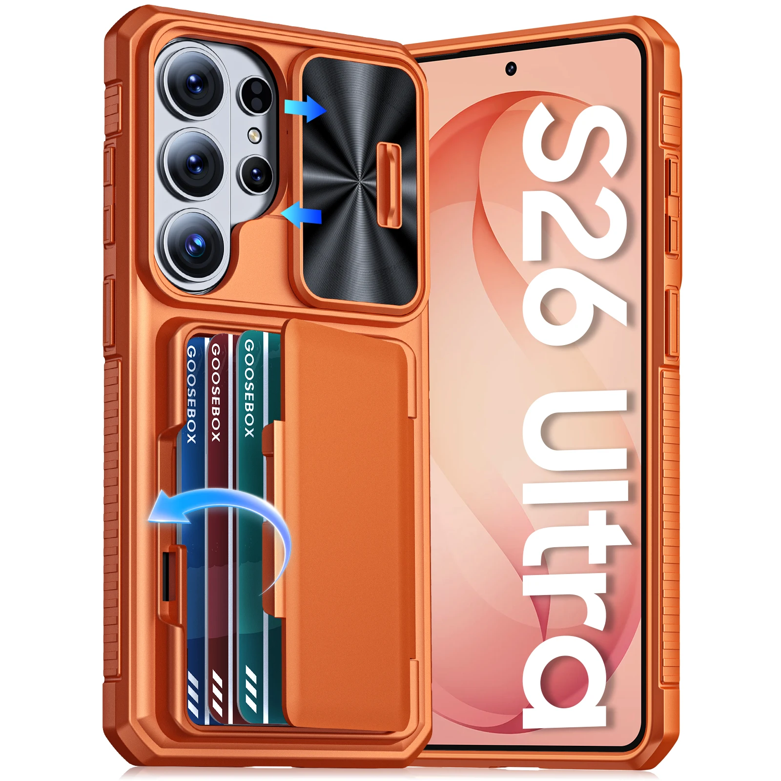 Für Galaxy S26 Ultra Hülle mit Geldbörse, RFID-Schutz, Kartenhalter, Kameraabdeckung, Robuste Stoßfeste Silikon-Schutzhülle - Orange