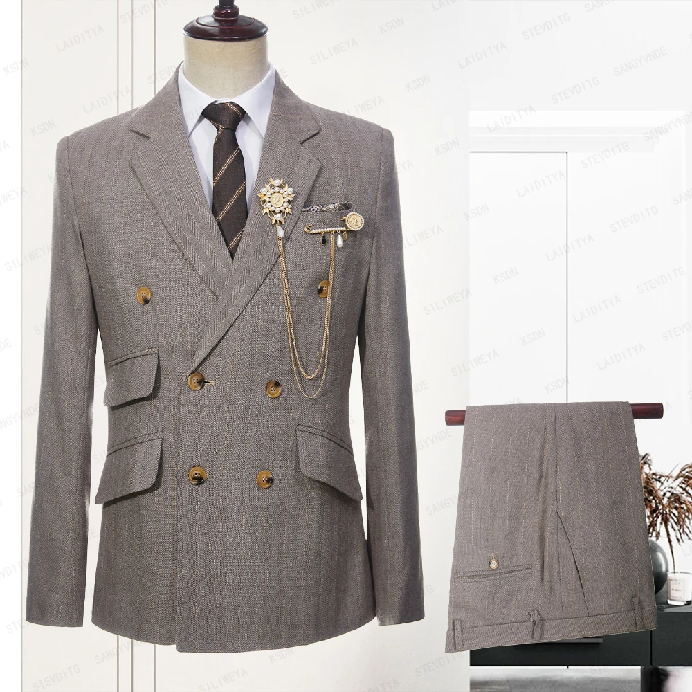 

2023 New Summer Men's Khaki Linen Suits Vertical Stripe Double Breasted Slim Fit Casual Tuxedos Wedding 2 Pcs Set（Jacket+Pants）