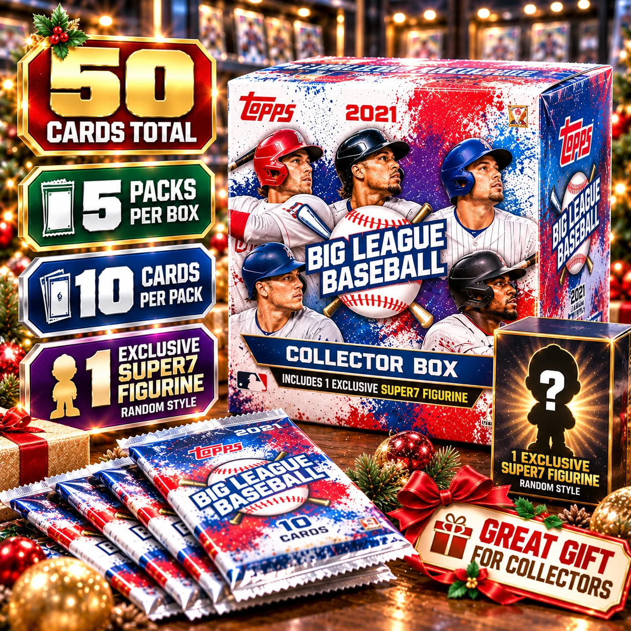50 Cards 2021 Topps Big League Baseball Collector Box with 1 Exclusive Super7 Figurine, 5 Packs Per Box, 10 Cards Per Pack, Baseball Trading Card Collection, Sports Card Gift Set for Hobby Collectors, Pack Opening, Trading & Display