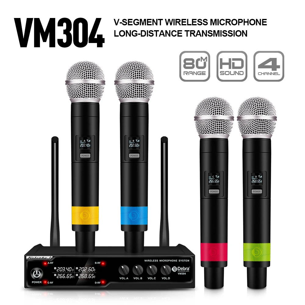 Debra Audio 4-Channel Wireless Microphone System Handheld Mic 80m Range for Karaoke Church Speech Singing Portable Set