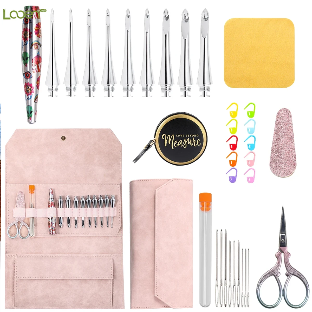 Alien-Printed Crochet With Detachable Stainless Steel Crochet Heads (9 Pieces) Storage Bag Accessory Set DIY Weaving Tools