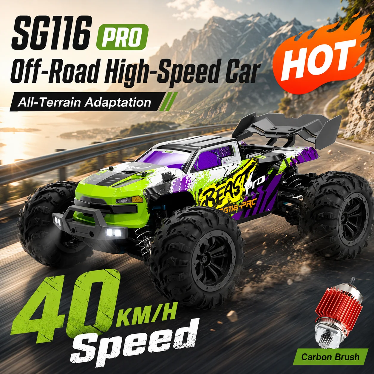 Voiture tout-terrain RC ZNLYRION SG116PRO MAX 1:16 4WD 40KM/H Haute vitesse 2.4G Télécommande Monster Truck avec lumières LED