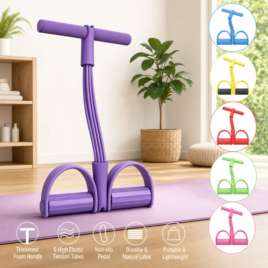 4-Röhren-Fußpedal-Widerstandsband, vielseitiges elastisches Zugseil für das Heimtraining, geeignet für Yoga, Bauch- und Beinmuskeltraining.