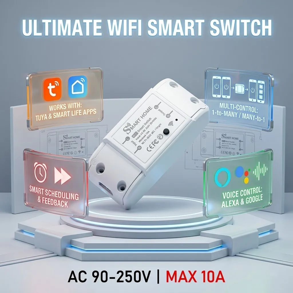WiFi Smart Switch AC 90-250V 10A Wireless Relay Timer Voice Control via Tuya Smart Life Alexa Google Home