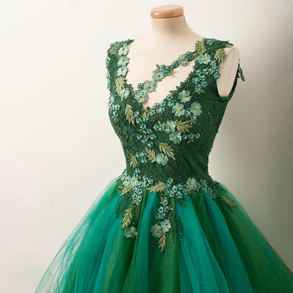 Green Mini Length Embroidered 3D Prom Gowns Colors Custom Made Appliqued Two Tone Princess Holiday Above Knee Tulle Dance Dress