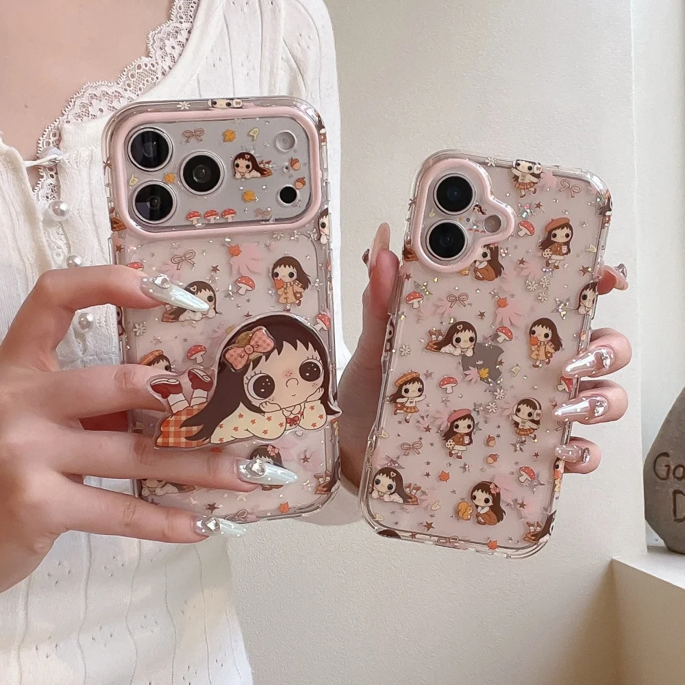 New Korean Ins Cute Cartoon Girl Yuyu Phone Case for iPhone 18 Pro 15 16 17 18 Pro Max with Holder Fashion Shockproof Ccove 16Pm