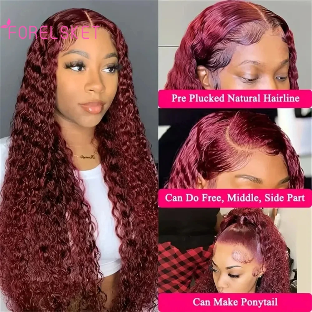 

180% Density Deep Wave Lace Frontal Wigs 13x4 Wine Red Brazilian Curly HD Lace Front Wig 99J Burgundy Deep Curly Human Hair Wig