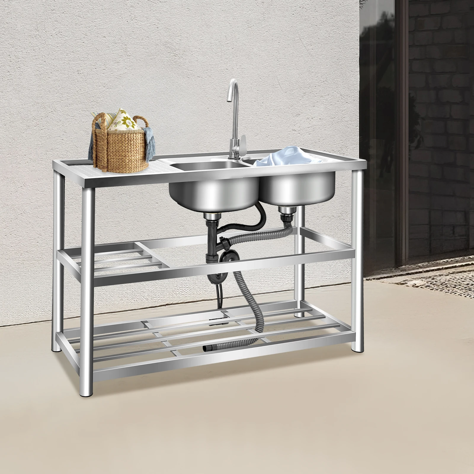 

Silver, Stainless Steel, Modern Rectangular Commercial Stainless Steel Sink 120 Right Double Basin Triple + Hot & Cold Faucet