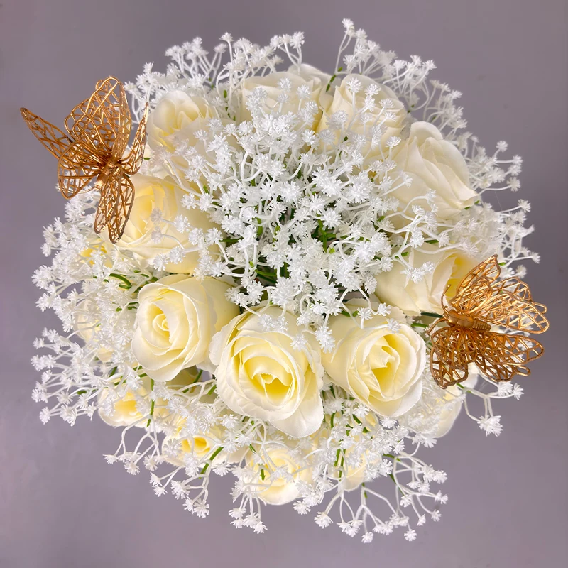36cm Champagne Rose Artificial Flower Bouquet with Gypsophila & Gold Butterfly for Wedding Centerpiece Home Decor - view 2