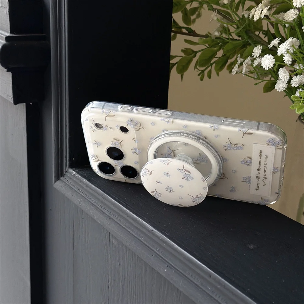 حافظة هاتف بحامل مغناطيسي لطيف وجديد من الزهور الزرقاء FRO مناسبة لهاتف iPhone 17pro، 13، 14، 15، 16 Promax أزياء مضادة للسقوط
