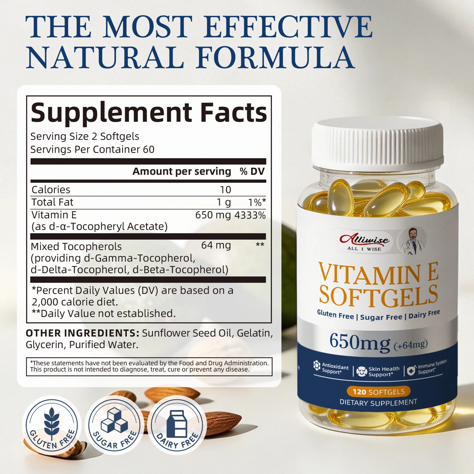 Alliwise Natural Vitamin E Capsule Antioxidant Support Essential Skin Vitamin & Immune Support Whitening and Anti-aging