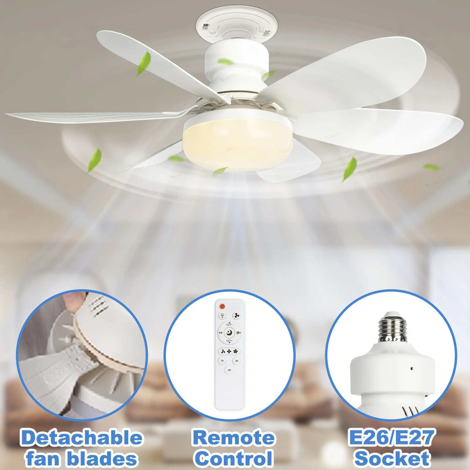 Ceiling Fan Light, Screw in Small Ceiling Fan with Remote, 3 Wind Speed, Dimmable LED, 3000-6500K,6 White Blades, 20.5 Inch