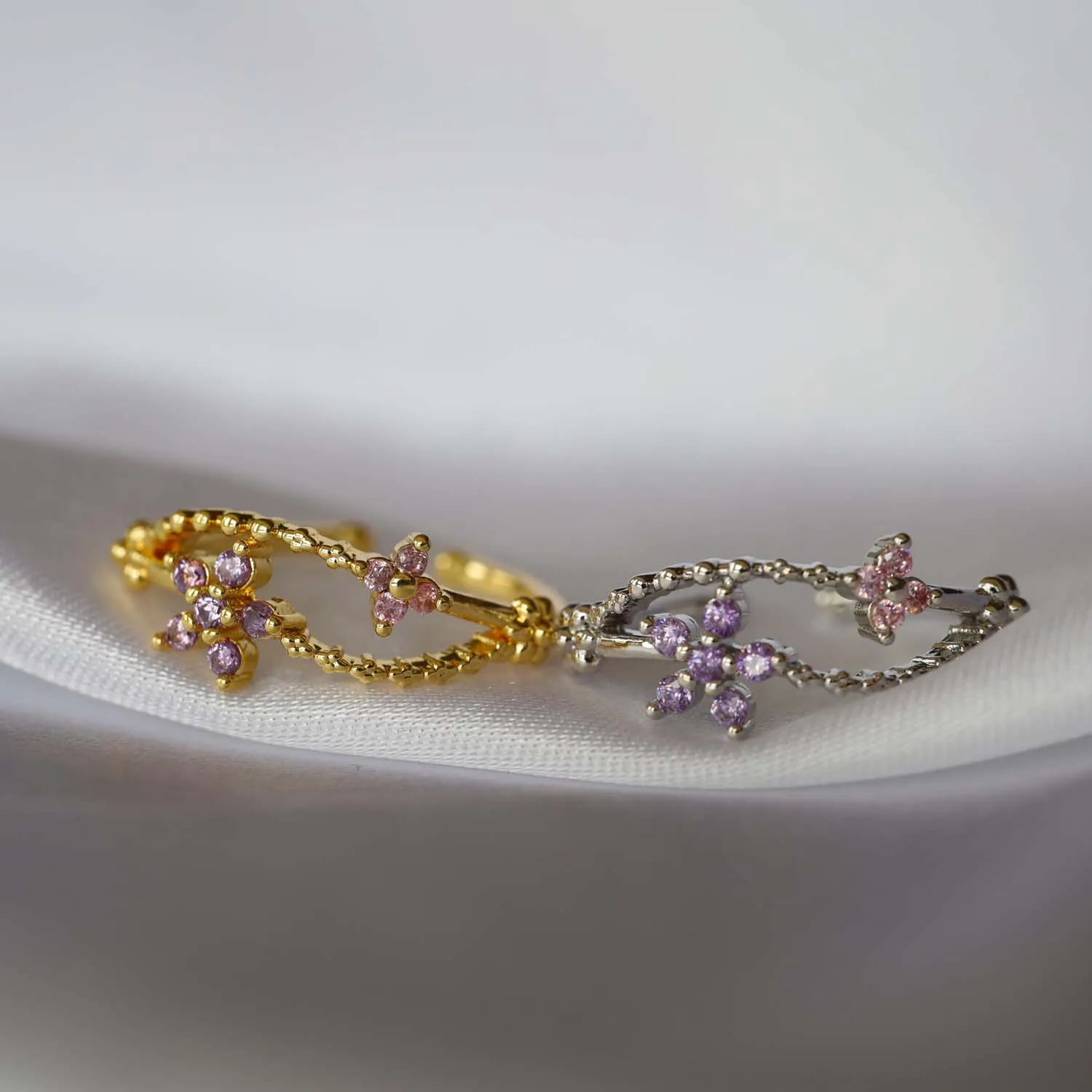 Double Pink Flower Open Adjustable Ring Sweet Floral Zircon Resizable Finger Ring for Women Aesthetic Jewelry