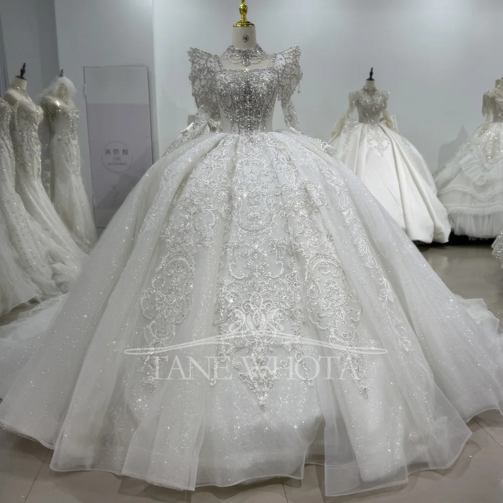 Customized Wedding Dress Necklace Square Collar Lace Up Back Long Sleeve Beaded Ball Gown Bridal Dress