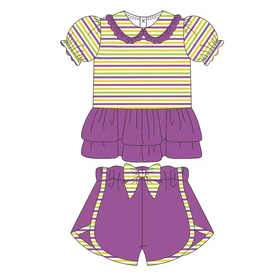 

Carnival striped print short-sleeved top purple shorts girls' boutique set dress and Romper