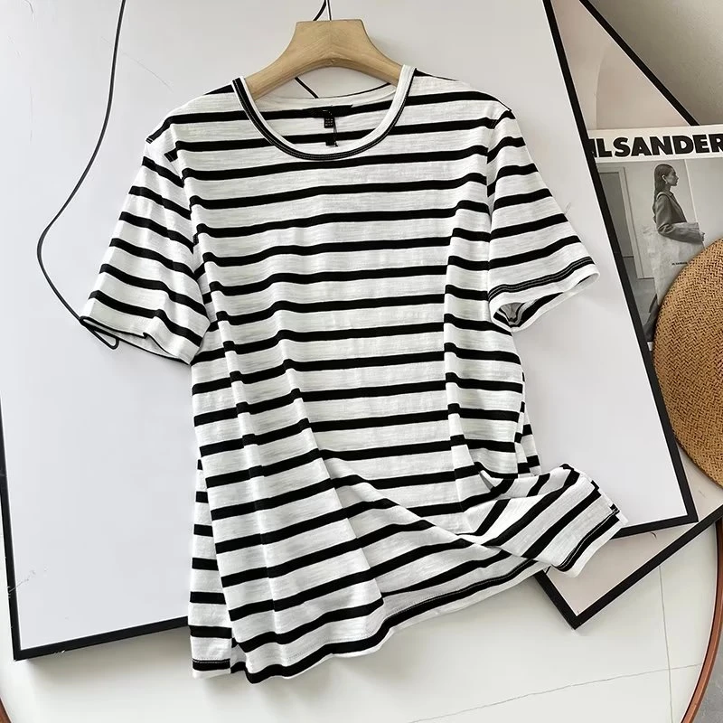 

Withered British Fashion Ladies Striped T-shirt Women Summer T-shirt Female Casual Cotton Commuter Top