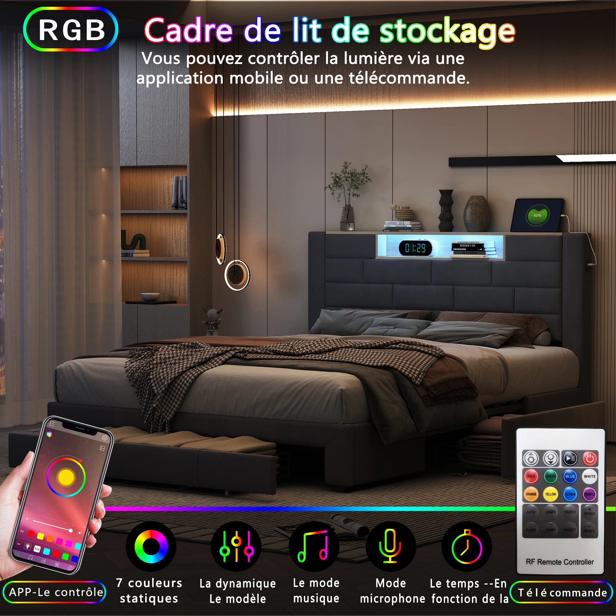 Gepolstertes Doppelbett, 140 x 200 cm, mit 3 Schubladen, USB-Ladefunktion und LED-Beleuchtung, Lattenrost, Jugendbett