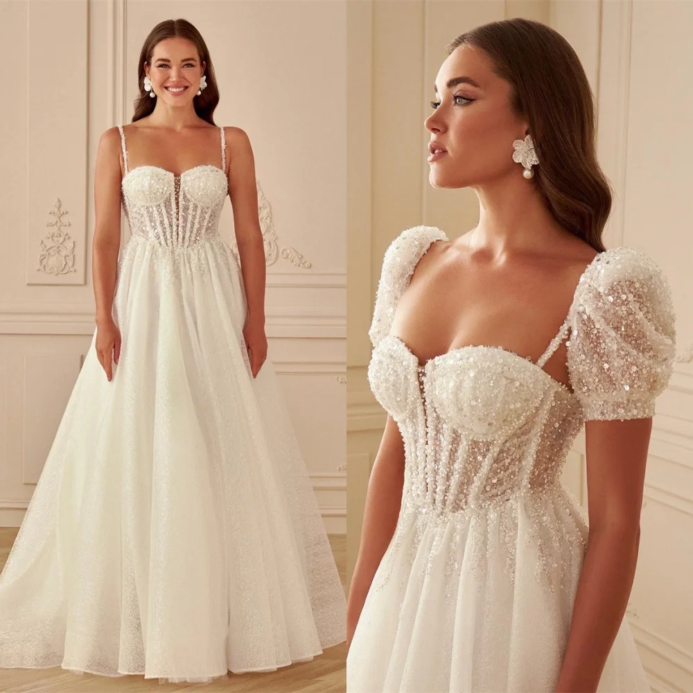 تخصيص أنيقة الأورجانزا مطرزة فستان الزفاف رائعة حمالة السباغيتي الأشرطة أكمام ذيل شابيل أثواب الزفاف