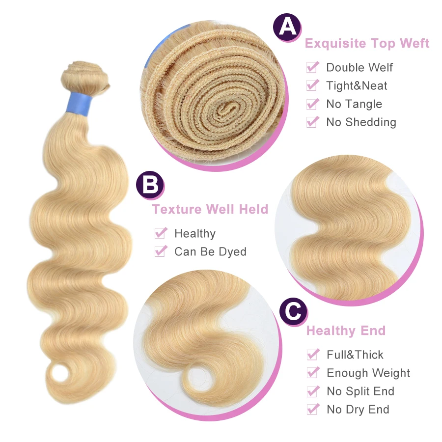 WOWANGEL 3/4 613 Blonde Human Hair Extension Malaysian Hair Body Wave Remy Human Hair Double Weft Weave Bundles 10A 26 28 30inch