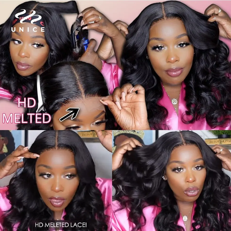 UNice Ultra-Thin 5x5 HD Lace Wigs With Drawstring Body Wave Human Hair Wigs Pre Cut Pre Bleached Glueless Wig 180% Density