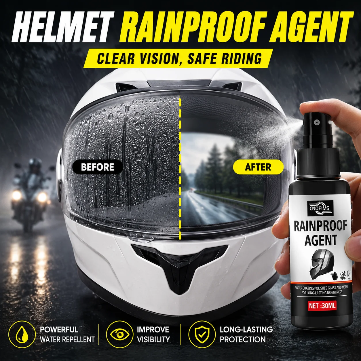 Spray Repelente de Chuva para Capacete de Motocicleta, Revestimento Antiembaçante para Viseiras de Capacete, Para-brisas, Óculos e Espelhos de Banheir