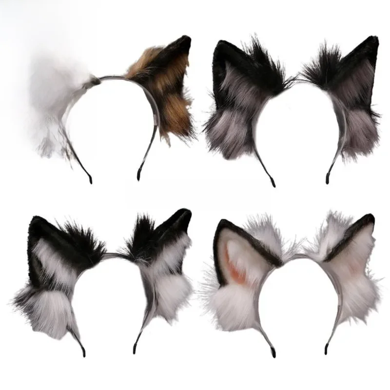 Urocze zwierzę Faux futro wilk uszy pałąk realistyczne futrzane puszyste włosy Hoop Lolita Anime Masquerade przebranie na karnawał — zdjęcie 2