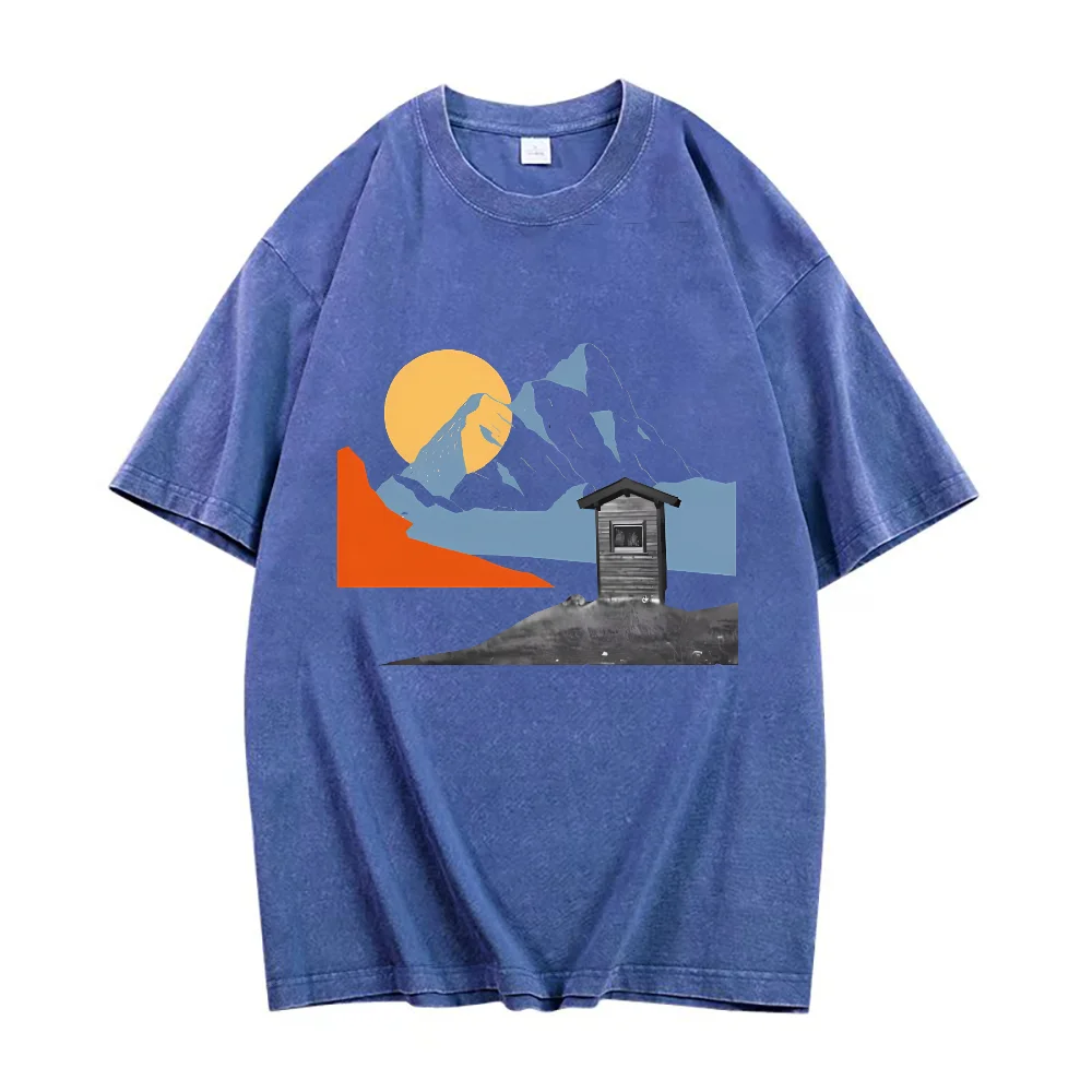 夏のアウトドアに最適なTシャツ - 山と太陽とキャビンのミニマルな風景グラフィックが施されたルーズな半袖Tシャツ