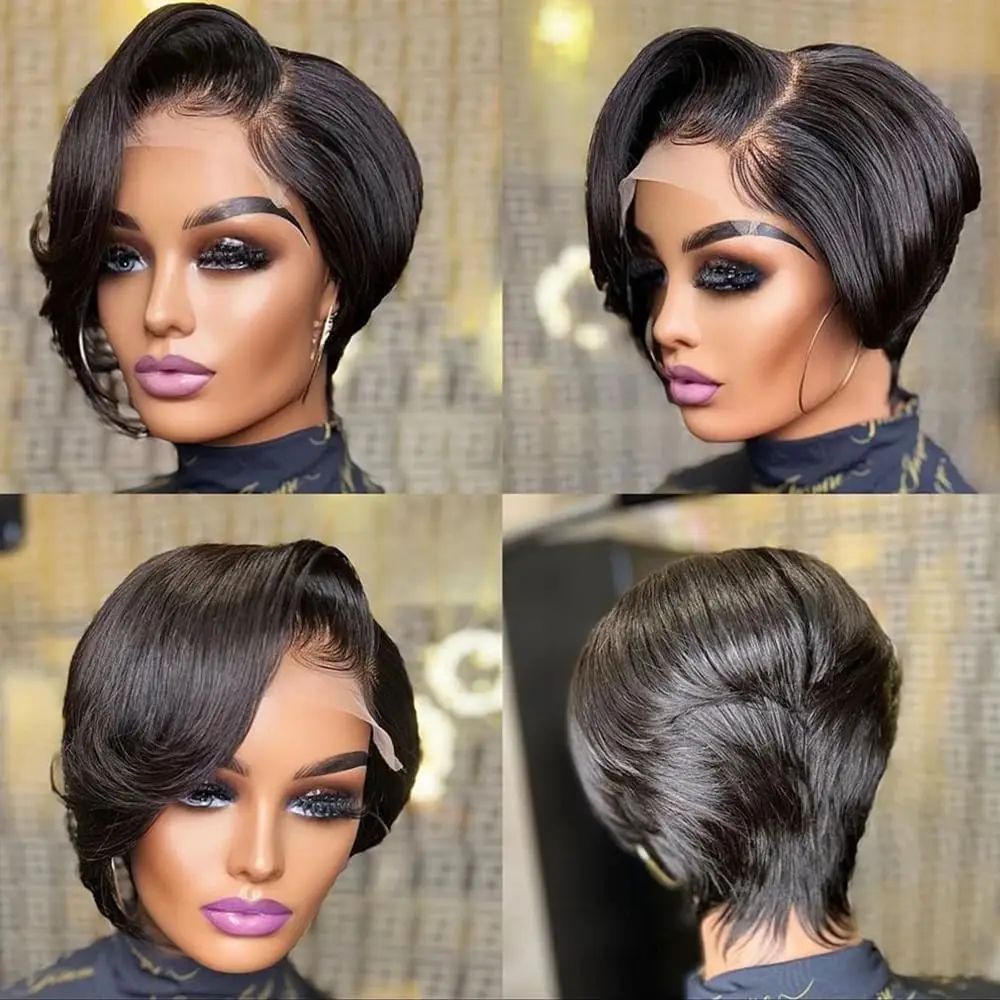 Peruca curta reta de corte Pixie para mulheres negras, cabelo humano, perucas dianteiras do laço, cabelo remy brasileiro, perucas frente do laço transparente