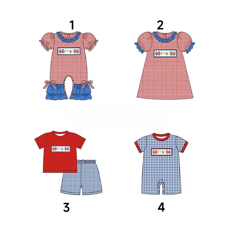 

New summer brother and sister suit short-sleeved girl dress red plaid boy blue plaid romper crab print custom milk silk