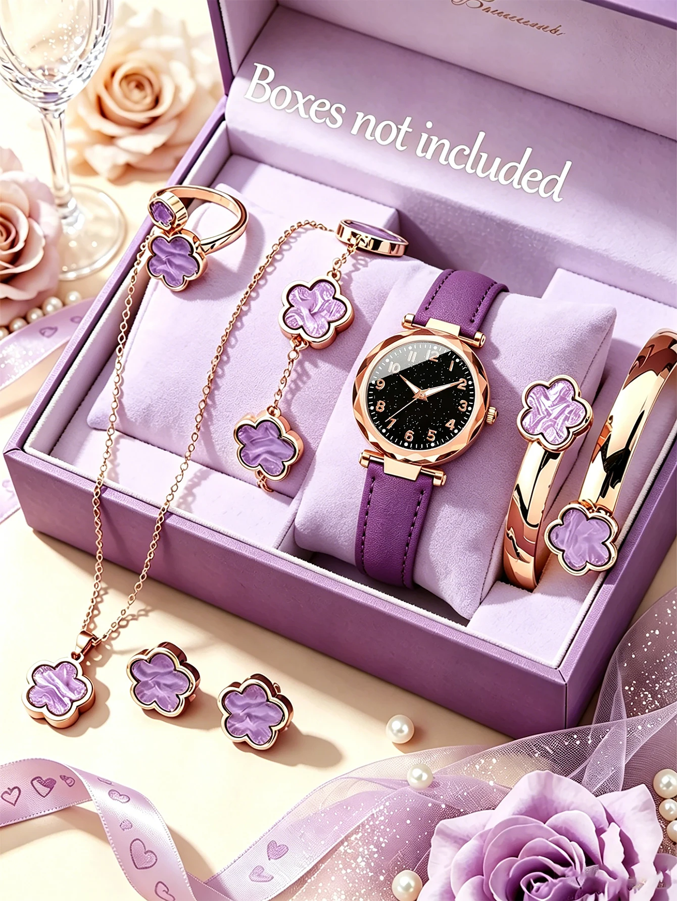 7-Piece Set, Charming Purple Leather Strap Quartz Watch Paired with Lucky Five-Flower Bracelet, Necklace, Earrings, Ring, and Bracelet, Casual and Fashionable, Versatile for Everyday Wear.