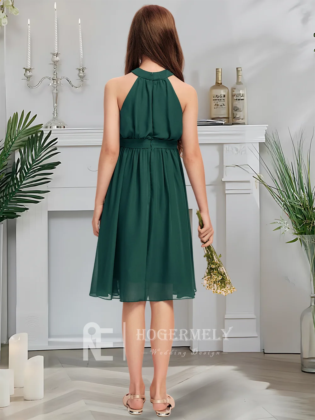 B ホルター ジュニア ブライズメイド ドレス ハンター グリーン フラワー ガール ドレス 膝丈 シフォン カスケード プリーツ付き 結婚式 パーティー