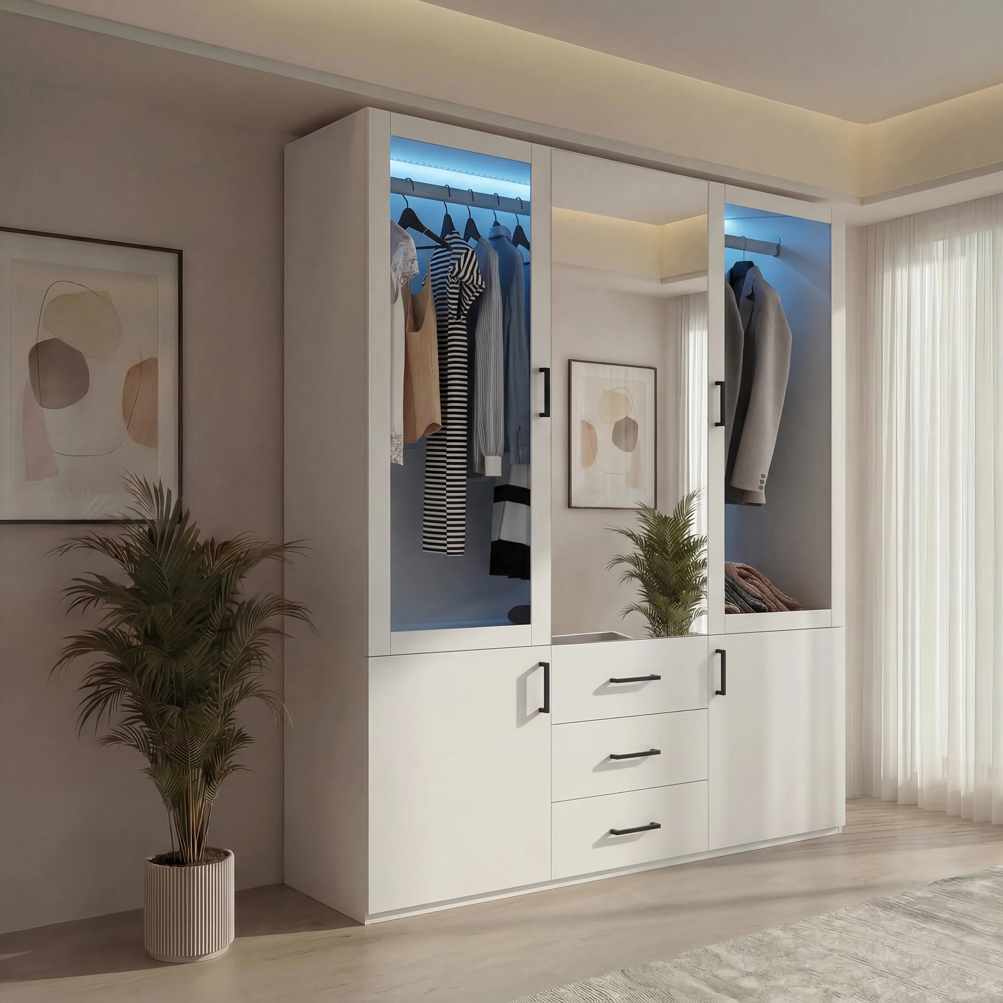 Superaly Armario de 4 puertas de 51x130x181 cm, Mueble de dormitorio con puertas transparentes, espejo de cuerpo entero y 3 cajones, Armario para guardar ropa