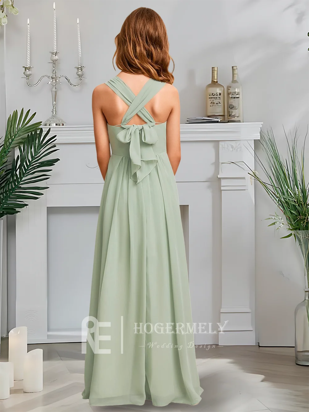 فستان وصيفة العروس الصغير للأطفال من سيلادون على شكل حرف A فستان فتاة الزهور من الشيفون برقبة مربعة مع ملابس رسمية للفتيات #5