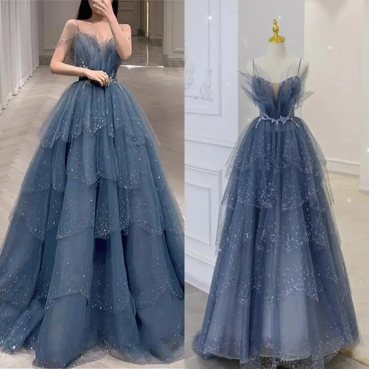 Sparkly Dark Blue Tulle Beaded Prom Dresses Spaghetti Straps Tiered Skirt Modern Shiny Evening Gowns Party Bride Wear Formal