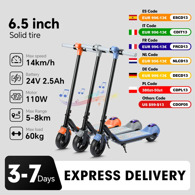 Trottinette électrique pour enfants Moteur 110W Pneus de 6,5 pouces Batterie 24V Vitesse maximale de 14 km/h Autonomie de 5 à 8 km Trottinette électrique pliable avec LED