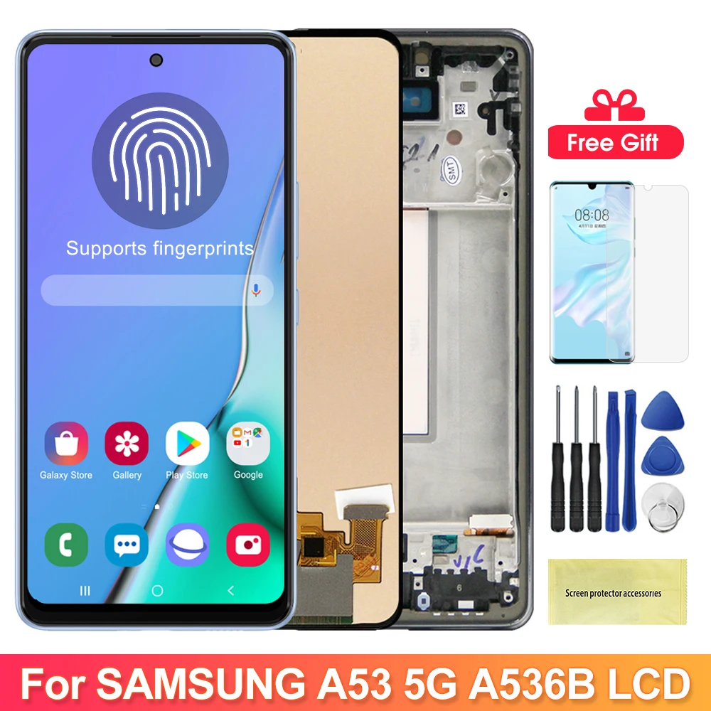 Super AMOLED A53 5G Display Screen with frame, for Samsung Galaxy A53 5G A536 A536B A536U Lcd Display Touch Screen Replacement