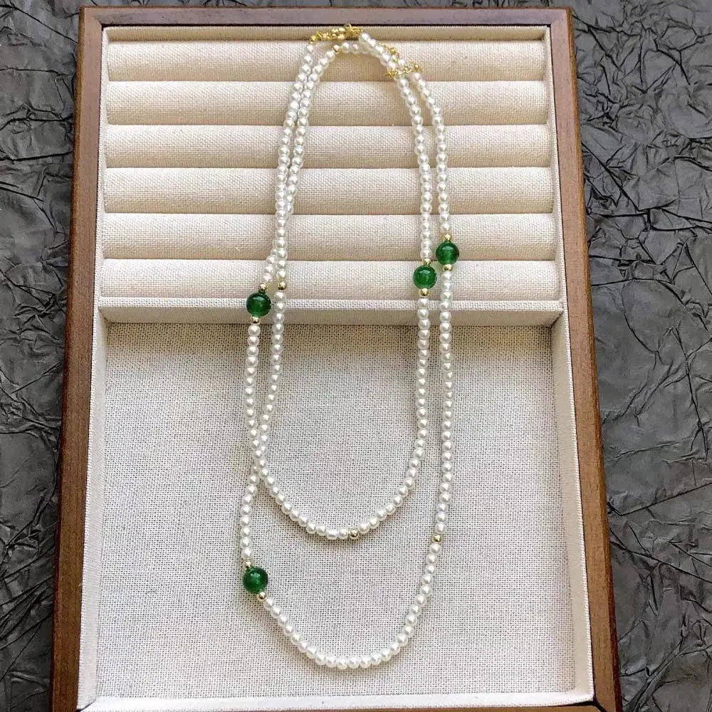 

Double Strand Pearl Necklace – Freshwater Pearls with Green Jade Accents