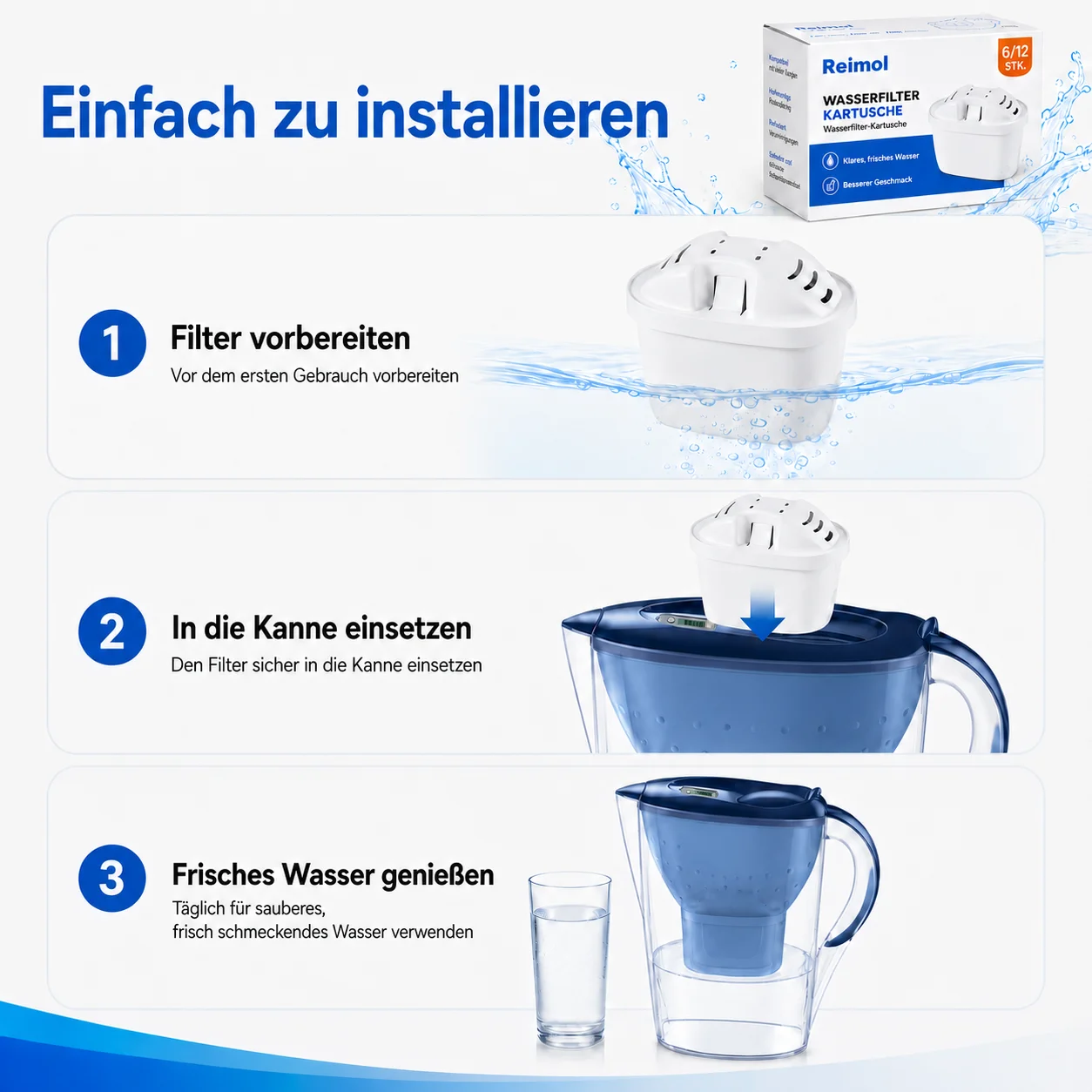 Reimol 6/12 Wasserfilterkartuschen, Ersatz für Brita Maxtra+ Kannen, Universelle Filterkartuschen – Detail 5