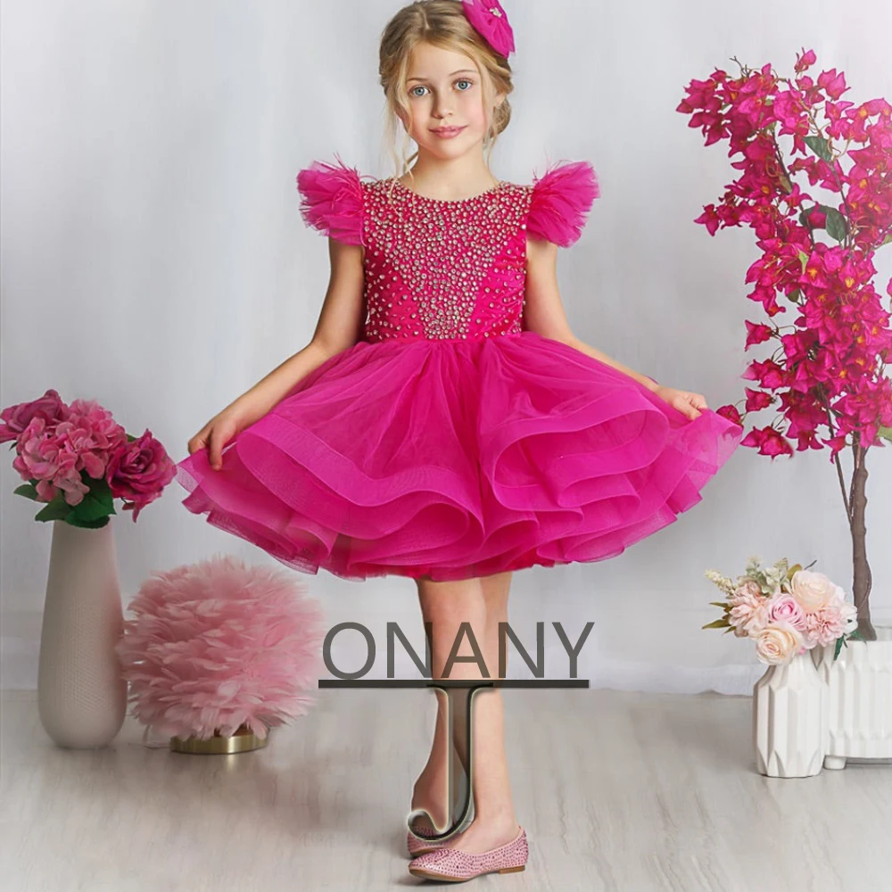 JONANY fUSCHIA Feather Short Flower Girl Dresses Crystals Birthday Pageant Dress for kid Communion Robe De Demoiselle Baby Party