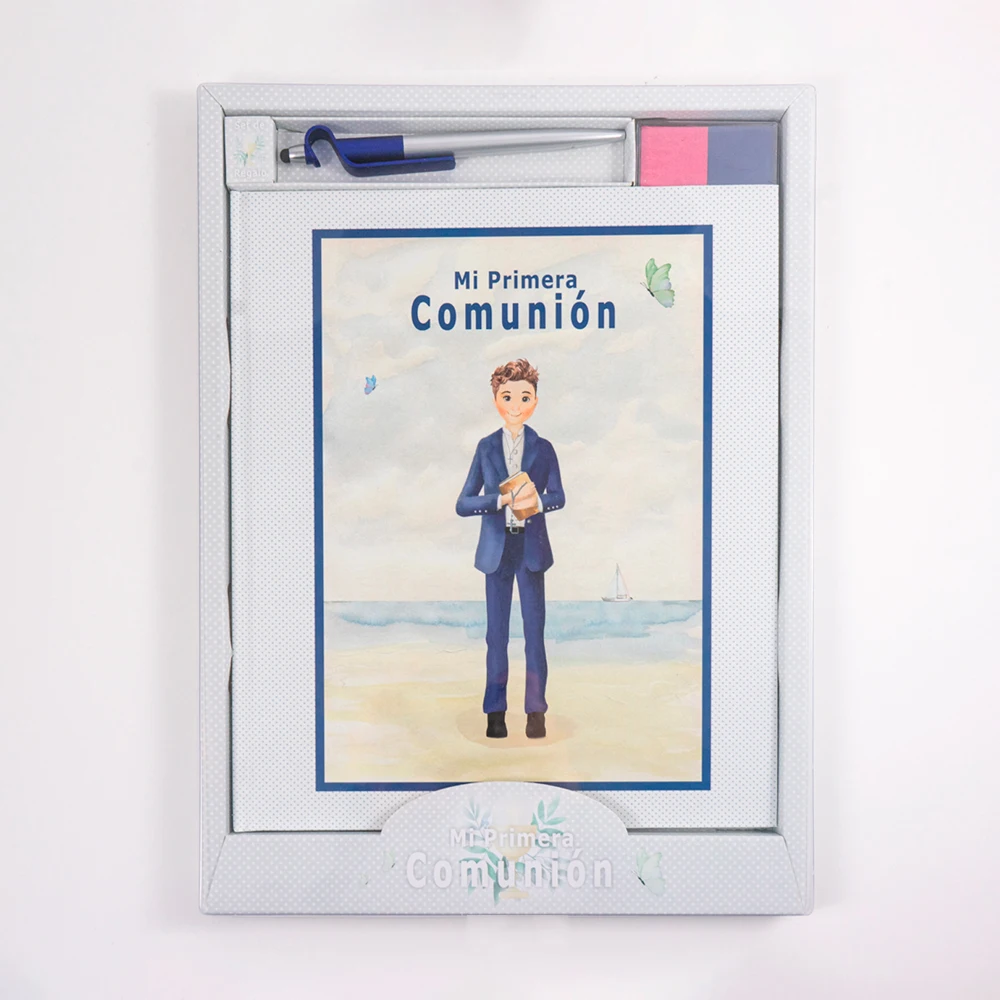 Arguva | Book Communion boy Beach + tampon to leave footprints in two colors and pen support mobile phone | Measures Book 29x24 cm | Communion book, souvenir footprints communion, guest book, communion souvenir