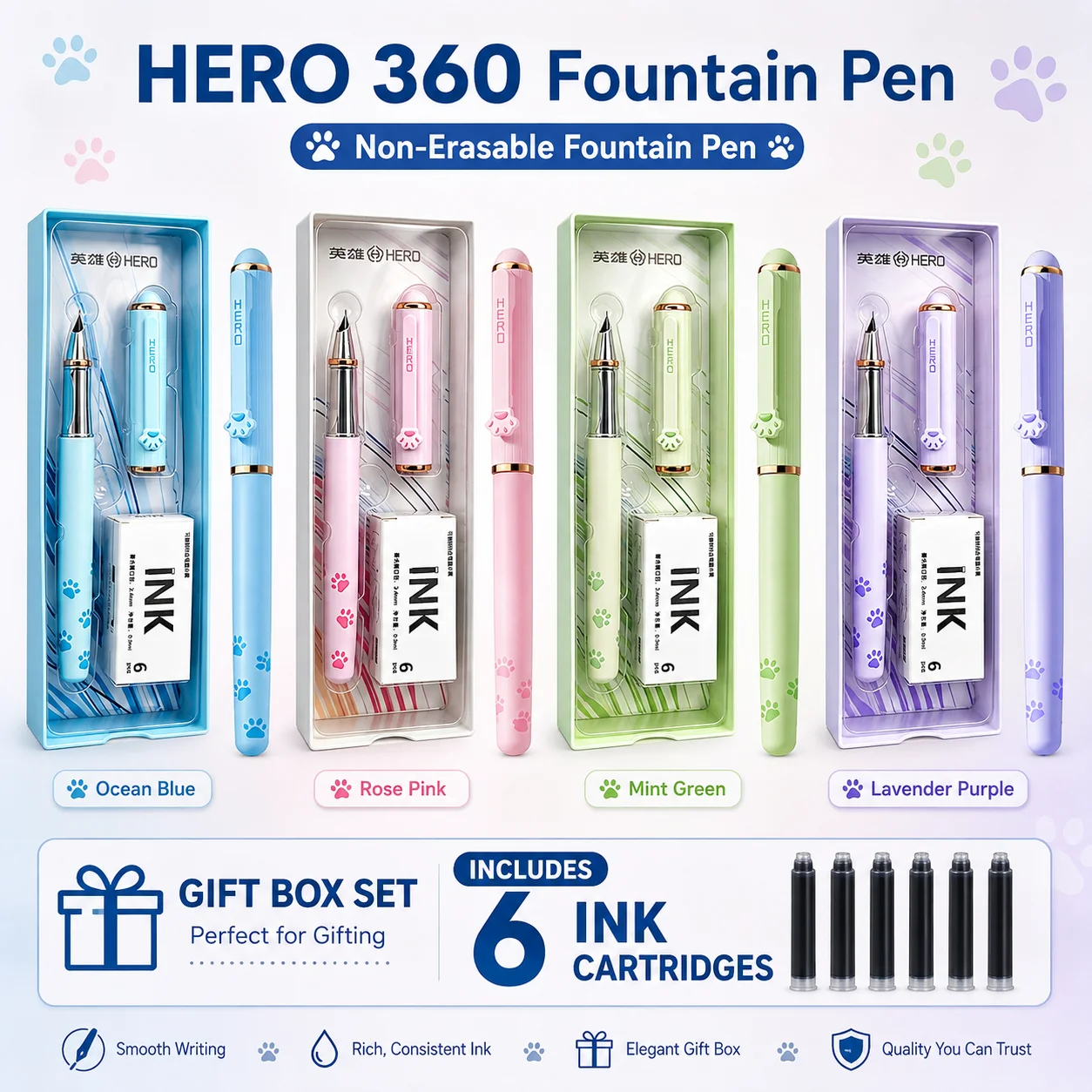HERO Cute Cat Claw Fountain Pen Hero P360 Magnetic Cap Smooth Writing Kids Posture Correcting School Stationery Gift