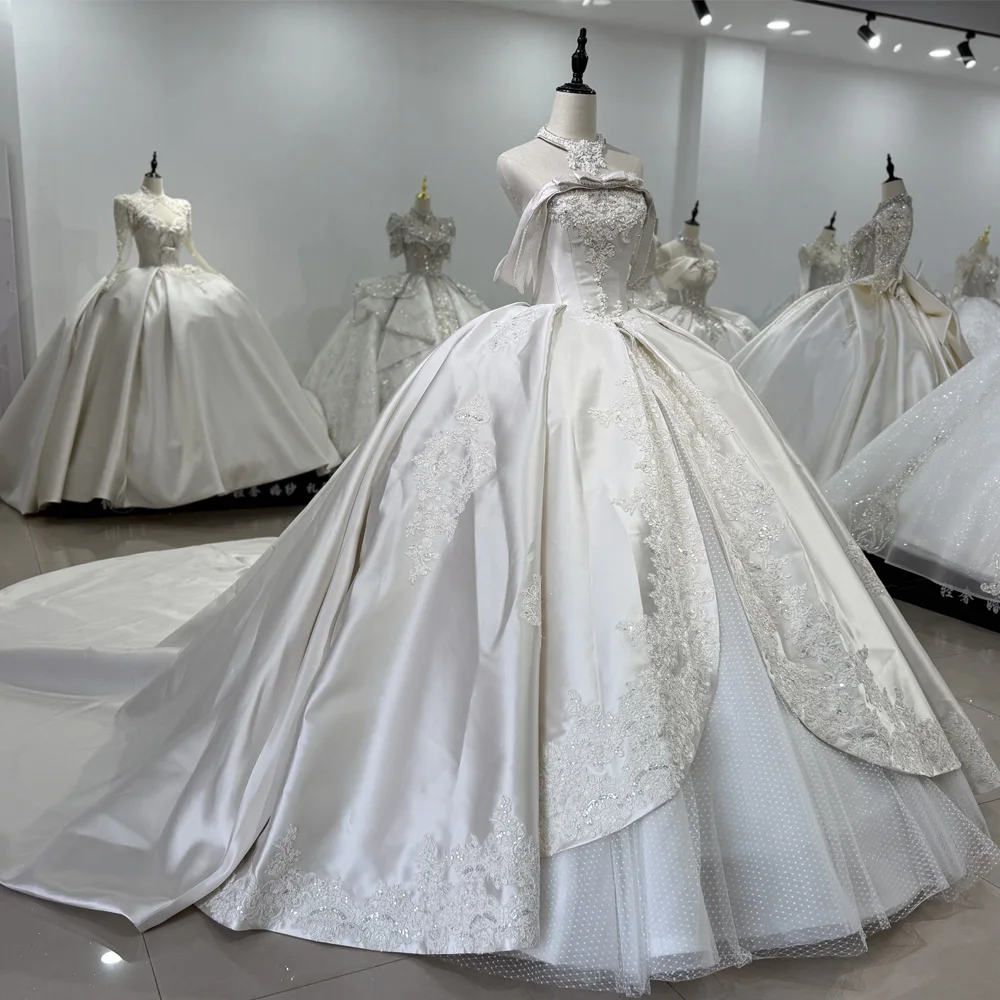 

Wedding Dresses Luxury Strapless Lace Up Back Ball Gown Sequins Beading Customized Satin Bridal Dress