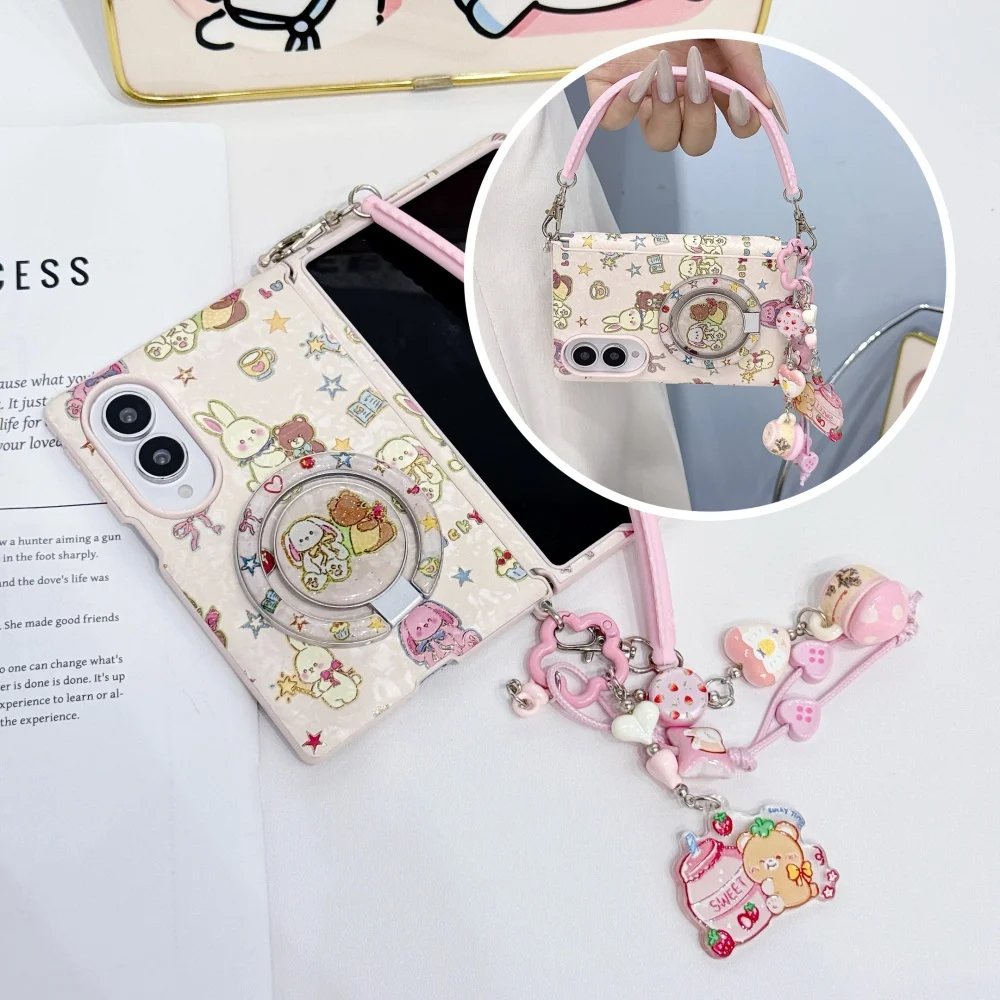 Cute Cartoon Rabbit Magnetic Phone Case for Samsung Galaxy Z Fold 8 fold 8 Cover With MagSafe Holder Kawaii Pink Shockproof Case