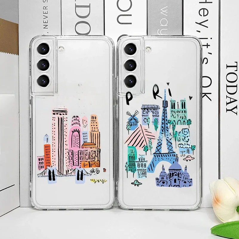 Coque de téléphone transparente tendance coréenne Paris New York City, étui souple pour Samsung Galaxy S25 S24 S23 S22 Ultra S21 Plus S20 FE A55