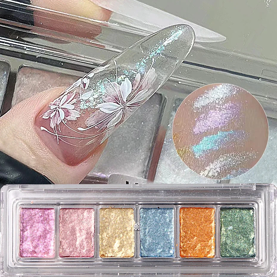 

6Colors Mud Reflective Aurora Nail Glitter Powder Iridescen Solid Pigment Dream Opal Chrome Rubbing Dust Manicure Decoration&*&