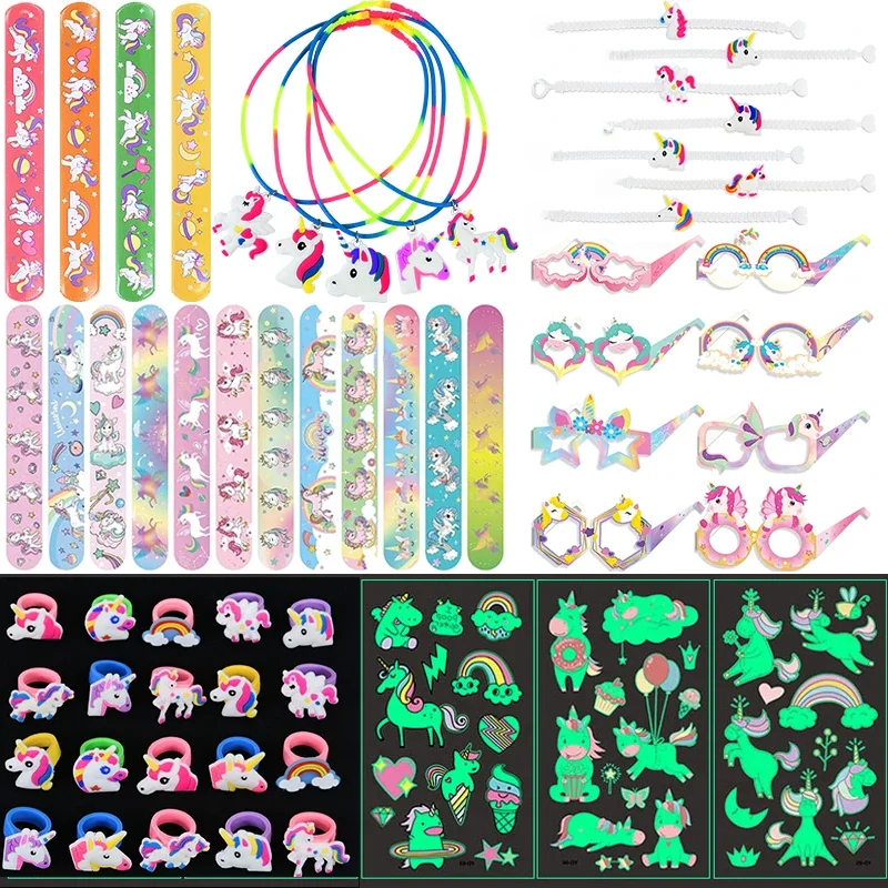Zestawy zabawek z motywem jednorożca tęczowy jednorożec bransoletki pierścionek tatuaże naklejki Puzzle zabawki dla dzieci prezent urodzinowy Pinata wypełniacze — zdjęcie 2